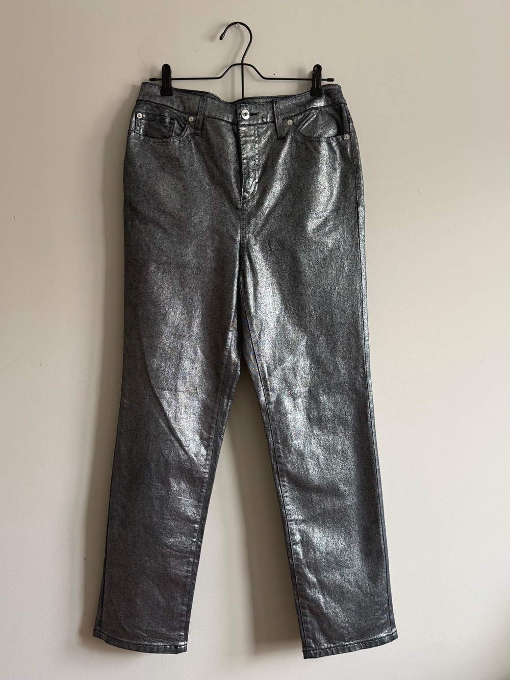 Silver Metallic Straight Leg Jeans